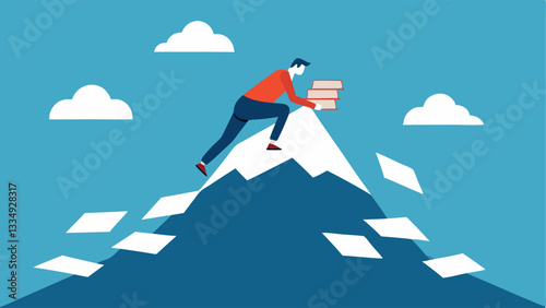 Mountains of Paperwork A figure trying to climb a mountain made of stacks of paperwork symbolizing the seemingly insurmountable workload and stress.