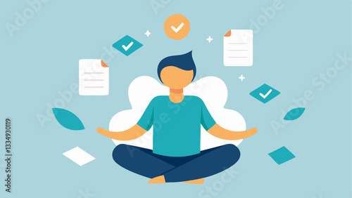 Mindful Pause A character sitting crosslegged in meditation surrounded by a swirl of tasks and todo lists representing the importance of taking a break to regroup and refocus.