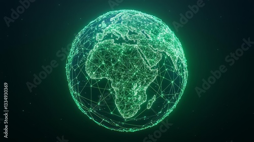A glowing green globe representing interconnectedness and digital networks across the African continent.