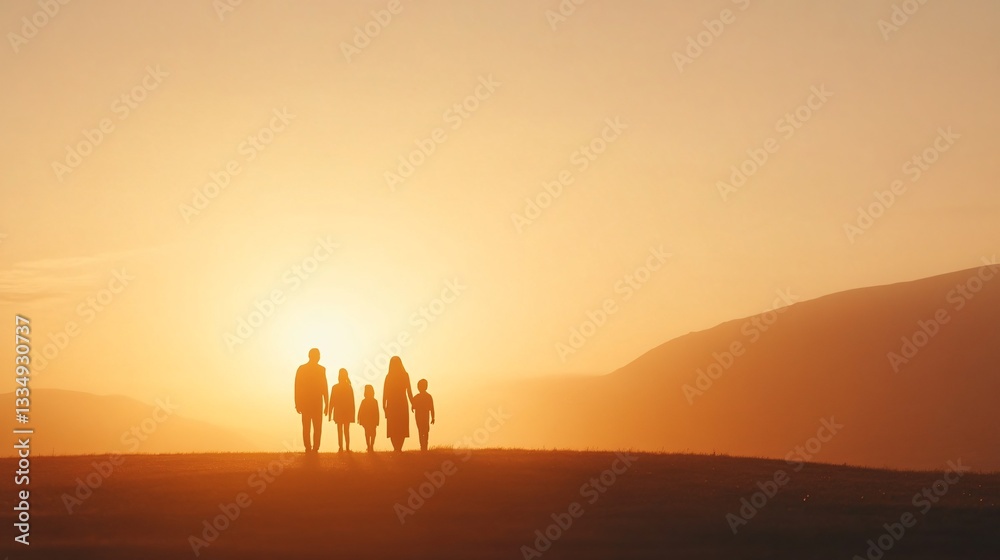 Fototapeta premium Two silhouettes riding camels, golden sunset casting warm light on desert dunes, tranquil scene, perfect for travel themes.