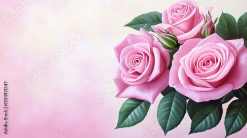 Delicate Pink Roses Bouquet - Three pink roses in full bloom, lush green leaves, soft pink background, ideal for greeting cards, websites, and romantic designs
