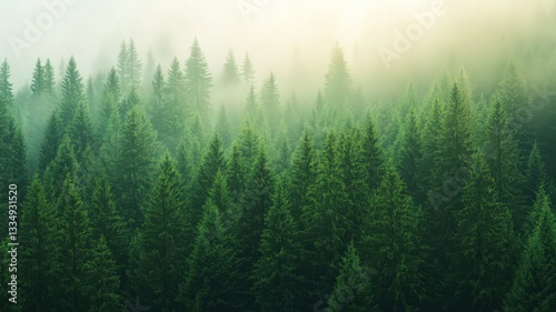 Misty Green Forest Landscape: Aerial View of Evergreen Trees Shrouded in Fog