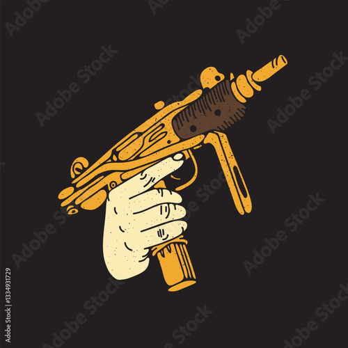 Vintage golden UZI weapon in hand. Used for poster, banner, web, t-shirt print, bag print, badges, flyer, logo design and more.