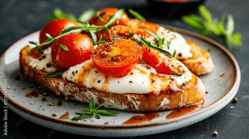 An inviting and flavorful bread topped with baked tomatoes, garnished with herbs, representing wholesome comfort food, ideal for casual dining. An inviting and flavorful bread topped with baked tomatoes, garnished with herbs, representing wholesome comfort food, ideal for casual dining.