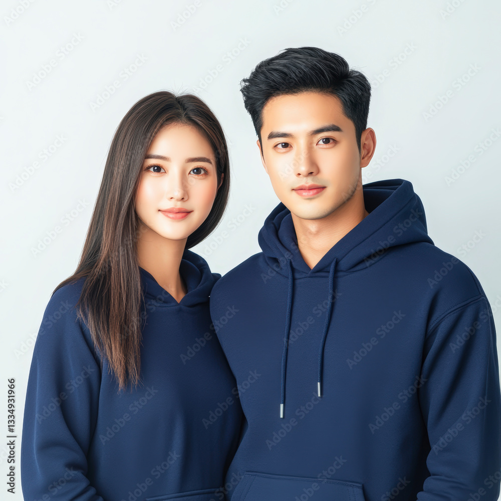 Portrait of a young couple dressed in matching blue hoodies, looking confidently at the camera with a soft, neutral background. Portrait of a young couple dressed in matching blue hoodies, looking confidently at the camera with a soft, neutral background.