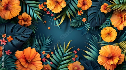 Vibrant and Lush Tropical Botanical Arrangement with Bright Orange Hibiscus Flowers and Deep Green Palm and Monstera Leaves on a Rich Teal Background