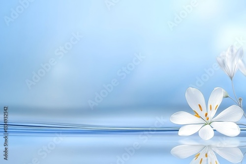 Delicate White Blossoms on Blue Water - Serene symbolizing purity, tranquility, peace, renewal, and natural beauty. White flowers reflect on calm blue water