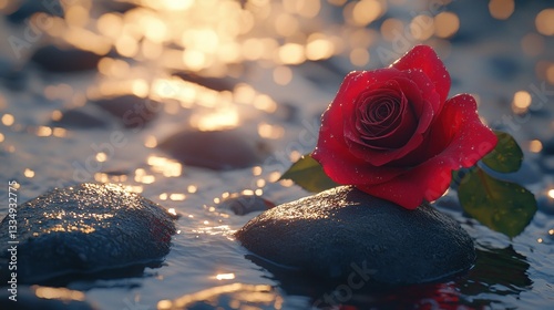 Red rose on stones at sunrise by water