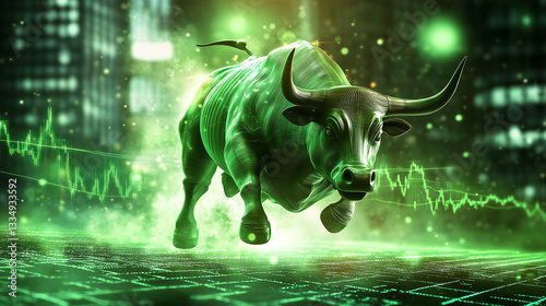 Green bull of stock market furious on green background with graph, rising price