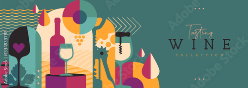 Modern banner or poster with wine bottles and glasses. Restaurant menu design. Wine background. Vector illustration
