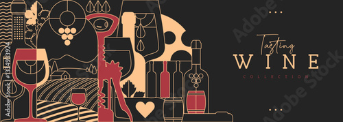 Modern line art banner or poster with wine bottles and glasses. Restaurant menu design. Wine background. Vector illustration