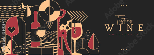 Modern line art banner or poster with wine bottles and glasses. Restaurant menu design. Wine background. Vector illustration