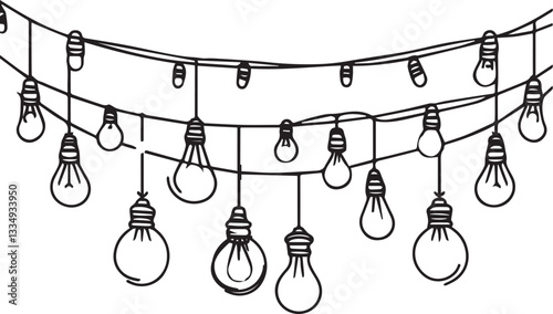 Hand drawn continuous one line icon Christmas garland with light bulbs. Glowing festoon border light single line vector illustration in doodle style for celebration, festival, carnival, xmas, new year