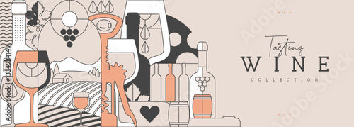 Modern line art banner or poster with wine bottles and glasses. Restaurant menu design. Wine background. Vector illustration