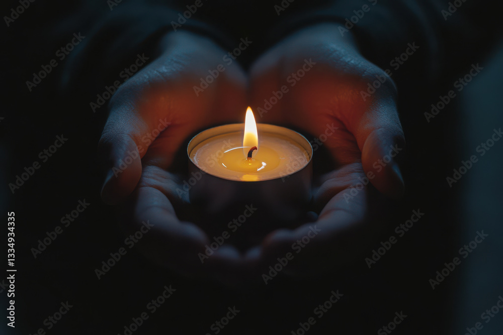 Two hands gently cradle a small, burning candle in the dark. Two hands gently cradle a small, burning candle in the dark.