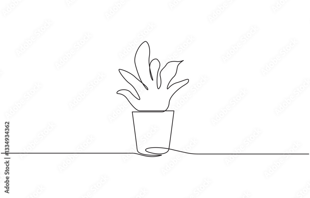 Continuous line drawing of House plants in pots. Single Line flower in a pot, Doodle vector illustration, House Plant Single Line Drawing with Editable Stroke.