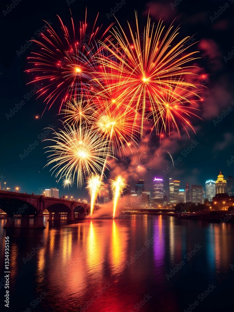 Fireworks illuminate the skyline over a river at night during a festive celebration in a vibrant cityscape Generative AI Fireworks illuminate the skyline over a river at night during a festive celebration in a vibrant cityscape Generative AI