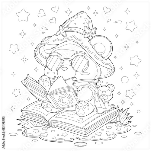 Fantasy cute bear with hat reading book on top of a book. Learning and education coloring page illustration for adult and children. Vector outline style, black and white drawing for various purposes.
