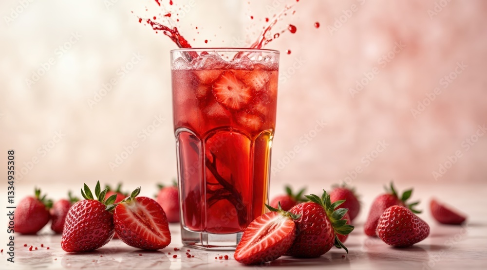 red fruit beverage in transparent glass with strawberries, juicy berry slices, lively splashes, light backdrop, thirst-quenching drink, natural freshness, culinary art, appetizing presentation red fruit beverage in transparent glass with strawberries, juicy berry slices, lively splashes, light backdrop, thirst-quenching drink, natural freshness, culinary art, appetizing presentation
