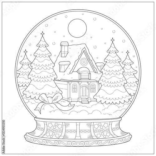 Crystal souvenir in the winter with snow and moon in night. Learning and education coloring page illustration for adult and children. Vector outline style, black and white drawing for various purposes