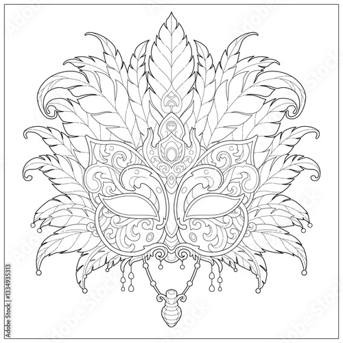 Fantasy masquerade with feather decorative ornament. Learning and education coloring page illustration for adult and children. Vector outline style, black and white drawing for various purposes.
