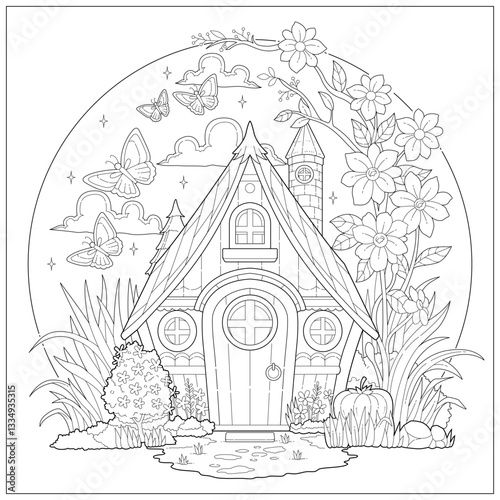 Fantasy tiny house with tree, flower, grass and butterfly. Learning and education coloring page illustration for adult and children. Vector outline style, black and white drawing for various purposes