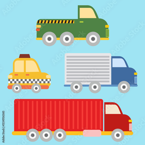 vector illustration of a cartoon vehicles, pick up truck, taxi, box truck and container truck
