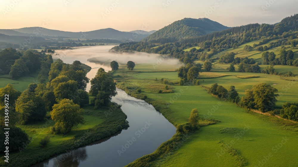 Fototapeta premium Aerial View of Serene River Valley at Sunrise