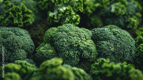 Vibrant green broccoli and kale create a healthy and nutritious display of fresh produce, perfect for a culinary background