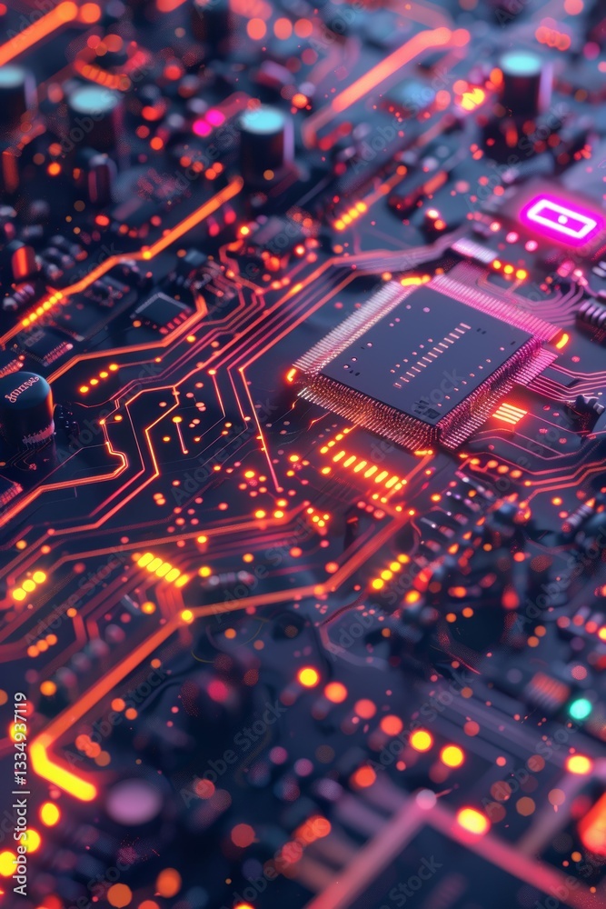 Vibrant illuminated electronic circuit board depicting advanced technology and complex interconnected systems with glowing pathways symbolizing data flow and innovation. Vibrant illuminated electronic circuit board depicting advanced technology and complex interconnected systems with glowing pathways symbolizing data flow and innovation.