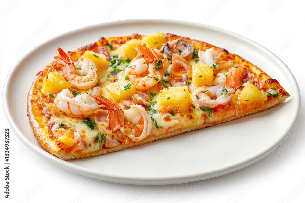 A piece of seafood pizza topped with prawns squid pineapple crab sticks cheese and sauce on a white plate or background A piece of seafood pizza topped with prawns squid pineapple crab sticks cheese and sauce on a white plate or background