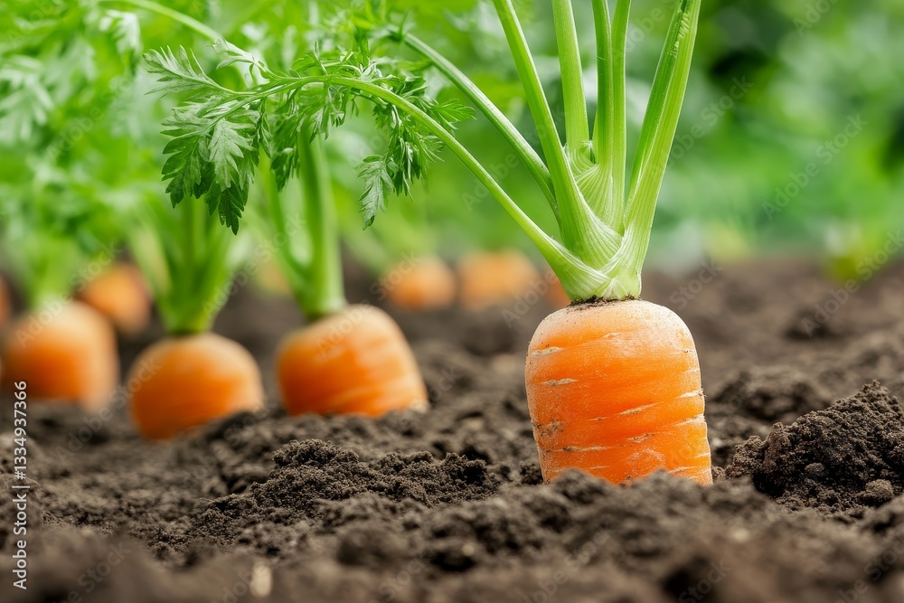 Fresh Carrots Growing in Soil - Close-up of vibrant orange carrots growing in dark brown soil, showcasing fresh green tops Fresh Carrots Growing in Soil - Close-up of vibrant orange carrots growing in dark brown soil, showcasing fresh green tops