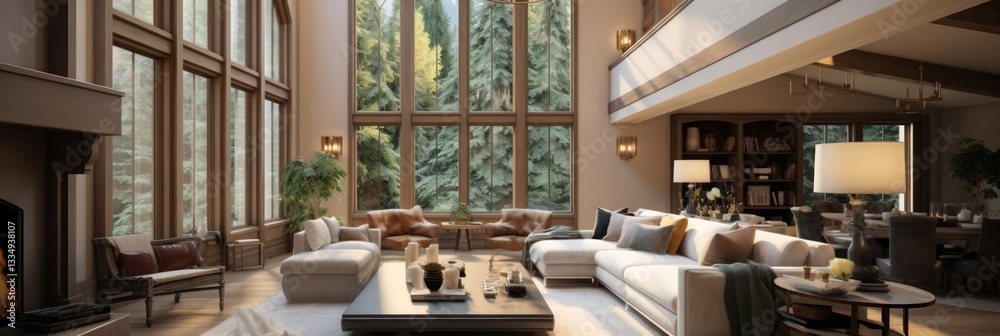 Fototapeta premium Living Room. Modern Illuminated Living Room Interior, Sleek and Stylish Design with Contemporary Furnishings and Bright Lighting, Home Decor Concept with Copy Space. Real Estate Concept. Hotel Concept