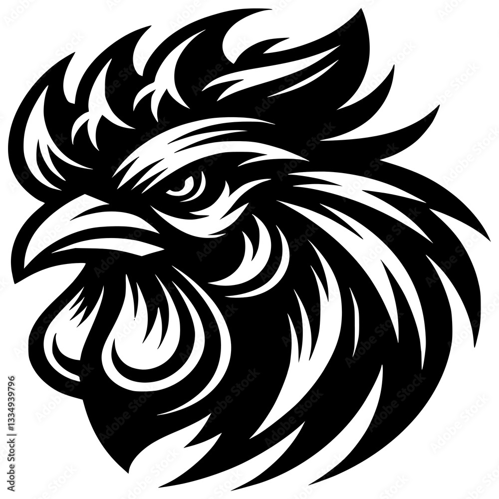 Obraz premium Majestic Rooster Icon: A striking black and white vector illustration of a rooster head, showcasing bold lines, a powerful gaze, and intricate detailing, perfect for logos, emblems.