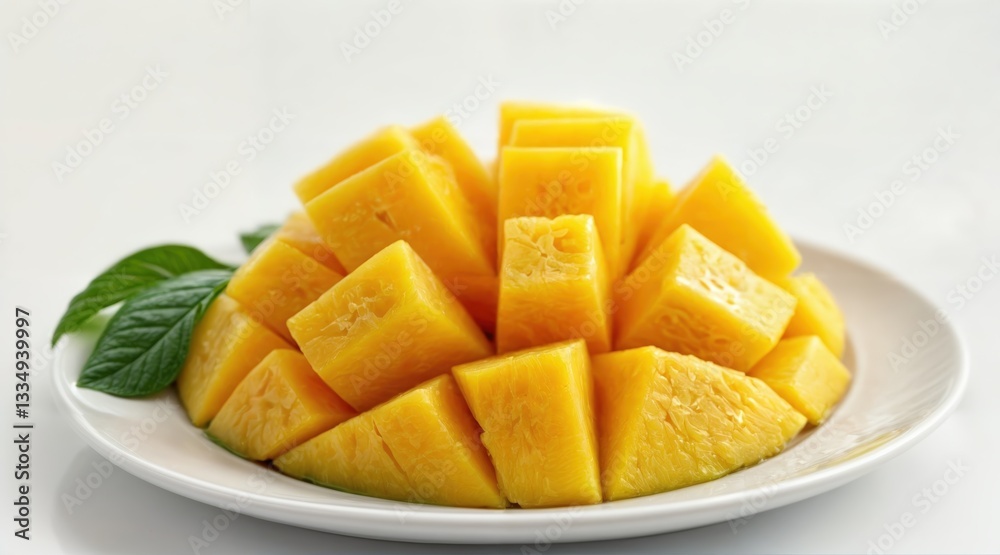 Delicious ripe mango cut into neat cubes and wedges on a plate, tropical fruit with sweet yellow flesh, healthy natural food, minimalistic serving, fresh exotic fruit on a white background Delicious ripe mango cut into neat cubes and wedges on a plate, tropical fruit with sweet yellow flesh, healthy natural food, minimalistic serving, fresh exotic fruit on a white background