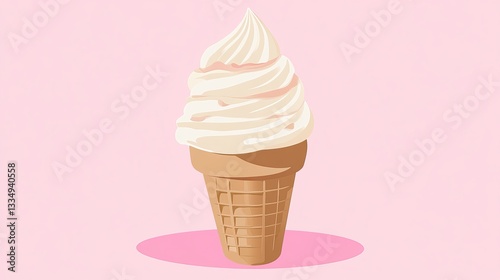 A flat vector illustration of a vanilla ice cream cone with soft beige and white swirls, set against a pink background for a charming and playful aesthetic. 