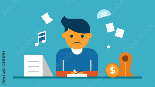 Musician with Pile of Bills A frustrated musician sitting at a table covered with unpaid bills while a small streaming revenue check sits next to them showcasing the disparity