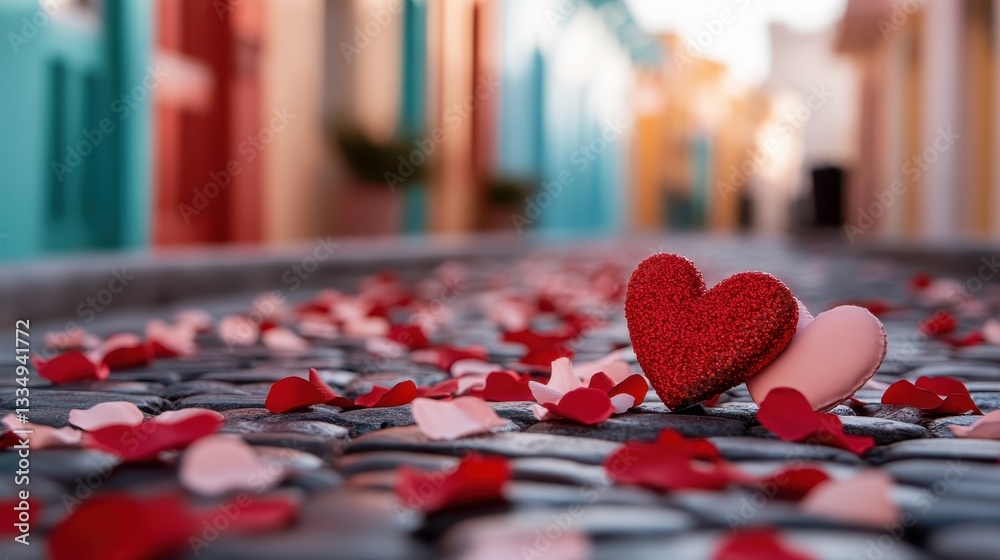 A close-up view of two decorative hearts resting on a cobblestone street scattered with rose petals, creating a romantic ambience in a picturesque alleyway.