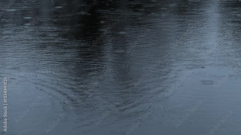Serene and peaceful reflections of rain on the smooth surface of the water body Serene and peaceful reflections of rain on the smooth surface of the water body