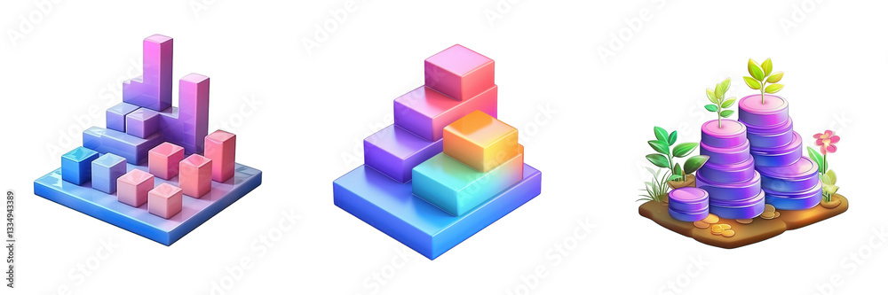 Fototapeta premium Colorful 3D cubes, steps, and coral isolated on white or transparent png