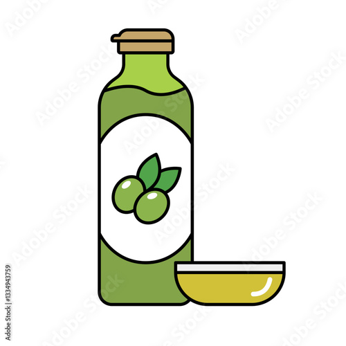 Olive oil bottle and olive oil icon. Vector.