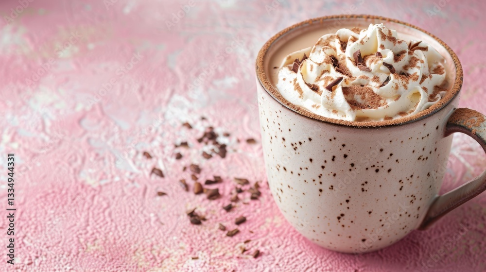 Warm and inviting mug of hot chocolate topped with whipped cream and chocolate shavings on a textured pink surface, perfect for a cozy winter day Warm and inviting mug of hot chocolate topped with whipped cream and chocolate shavings on a textured pink surface, perfect for a cozy winter day