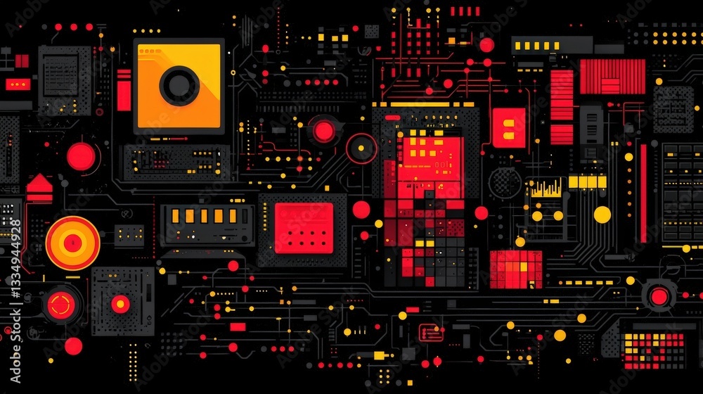 Abstract Technology Background with Red, Yellow, and Black Geometric Shapes and Circuit Patterns Abstract Technology Background with Red, Yellow, and Black Geometric Shapes and Circuit Patterns