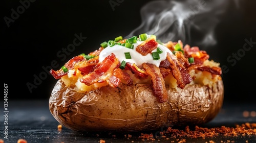 An appealing view of a warm loaded baked potato dressed with crispy bacon bits, sour cream, and fresh chives, inviting food lovers to indulge in this classic favorite.