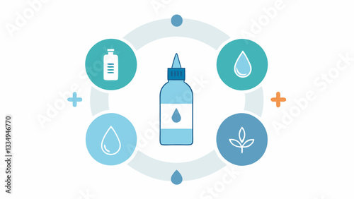 Product Benefits Icons representing the benefits of exosomeinfused serums such as hydration elasticity and skin renewal arranged around the central image of the serum bottle.