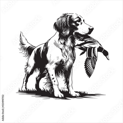 Vector illustration of a black and white cartoon dog running in silhouette with a wild and sketchy style