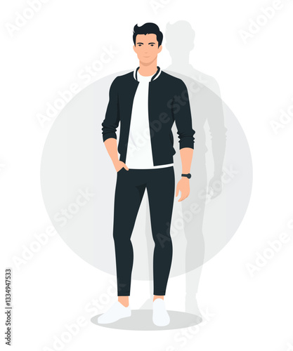 Sporty Young Man in a Black and White Athletic Outfit with Sneakers
