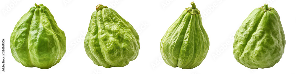 Fototapeta premium Four green chayote squash with varying shapes and textures.