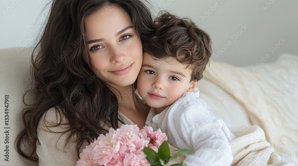 Middle Eastern mother with dark hair wearing a modest beige dress, sitting on a cozy couch while holding a pink flower bouquet and embracing her young son. Mother’s Day and family love concept. Middle Eastern mother with dark hair wearing a modest beige dress, sitting on a cozy couch while holding a pink flower bouquet and embracing her young son. Mother’s Day and family love concept.