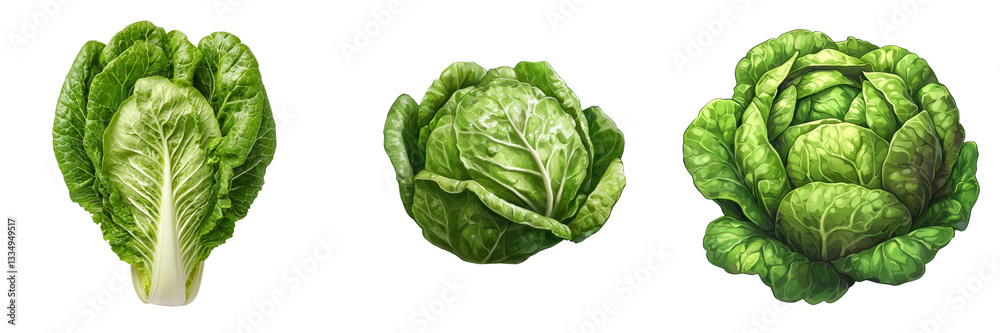 Fototapeta premium Three distinct heads of lettuce showcasing vibrant green colors and varied textures.